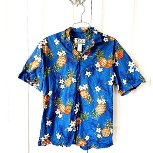 Pineapple & Plumeria Flower Blue Hawaiian Shirt size Small Ky's Hawaii Magnum PI